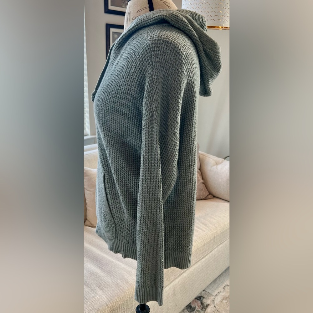 aerie Sage Waffleknit Sweater Green Hooded Sweatshirt Pockets Size Small - Picture 2 of 14